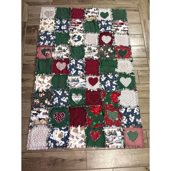 VTG Colorful Christmas Hearts Patchwork Handmade Throw Blanket 63x43" Reversible - Picture 1 of 12